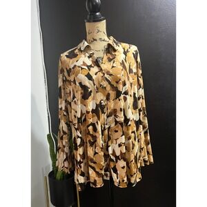 Susan‎ Graver Women's Top XL Petite Button Front Blouse Abstract Print Brown Tan